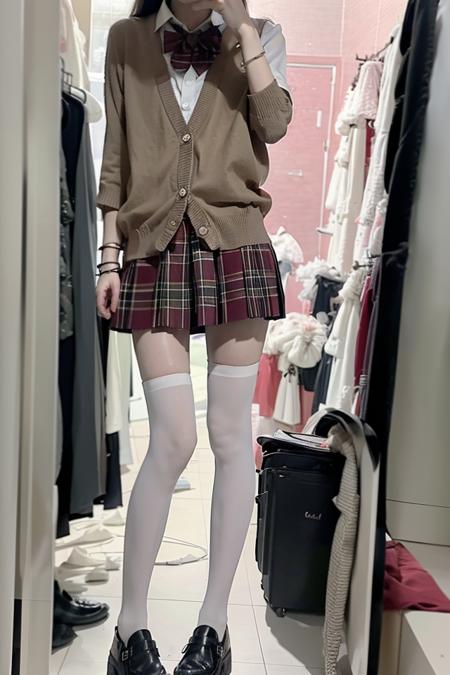 (raw photo,realistic, ),1girl,solo,skirt,white shirt,shirt,handbag,shoes,bracelet,jewelry,looking at viewer,narrow shoulder width,flat chest,pleated skirt,red plaid skirt,photorealistic,black thighhighs,<lora:szsjk:0.8>,cardigan,over-kneehighs,black pantyhose,bowtie,small black leather shoes,fitting room,