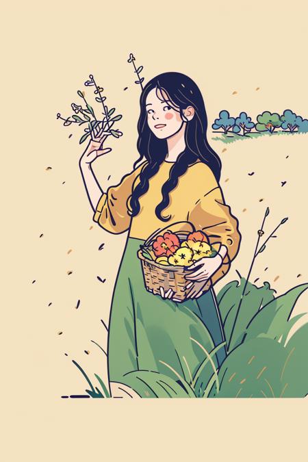 sdmai,Flat illustration, 
tongxin,a girl standing in the field,holding a basket in one hand,the other hand waving in the air to say hello,1 girl,autumn,field,flower field,grass,nature,outdoor,solo,rice,mature rice,harvest,yellow theme. beautiful background,bichu,oil painting,Impressionism,
<lora:SDMAIç®ç¬çº¿æ¡ç¢éæç»:1>