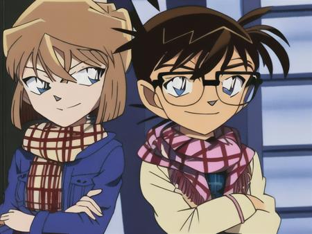 <conanAndhaibara>, 1girl, glasses, 1boy, brown hair, scarf, crossed arms, blue eyes, smile, signature, short hair, long sleeves, plaid scarf, black-framed eyewear, looking at viewer, closed mouth, bangs, coat, plaid