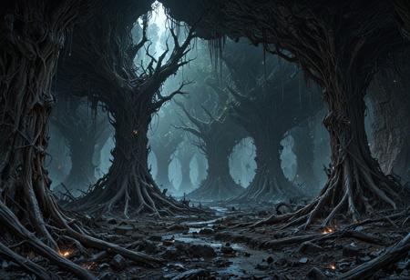 "Create an image of a monstrous eldritch forest deep below the earth. Years of exposure to a reality warping fuel source has twisted the trees into corrupted masses of wood and something else, the trees now very aware of their corrupted existence, sealed away from the rest of the world. The void now dominates this underground space, the gap between the stars and its remains leave Dense crystal growths emerging from the black scorched ground. Old machinery still clings to the cliffs that surrounded the dead dark earth, 
, by H.R Giger, 4k resolution digital art trending on Artstation and unreal engine 5, hyperrealism, full body shot, glowing eyes, cinematic, epic, masterpiece, surreal, fantasycore, hyperdetailed, ultra realistic, octane render, volumetric lighting, depth of field, bokeh, 8 <lora:Details:0.85>