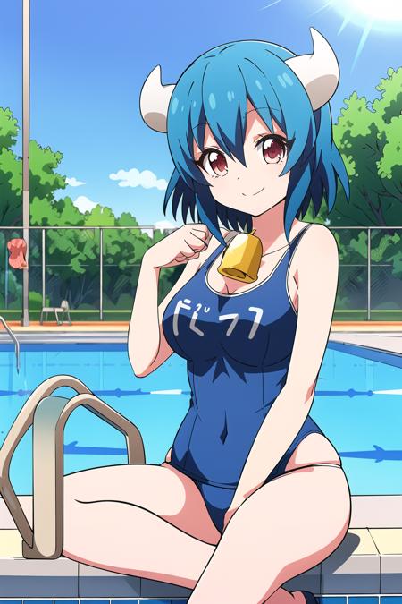 masterpiece, 1girl, minos \(jashin-chan dropkick\), horns, blue hair, cowbell, one-piece swimsuit, outdoor pool, swimming pool, water, sunny, lens flare, beautiful, best quality