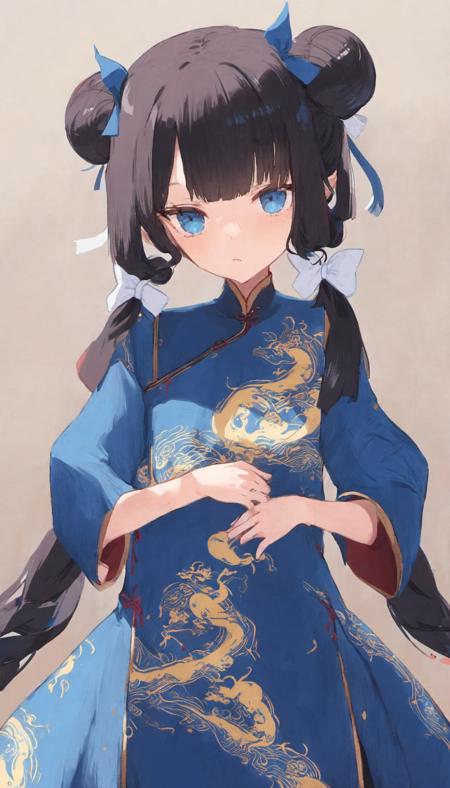 1girl, solo, looking at viewer, child, expressionless, china dress, dragon print, low twintails, swept bangs, double bun, hair bow, black hair, blue eyes, blue dress, masterpiece, best quality,