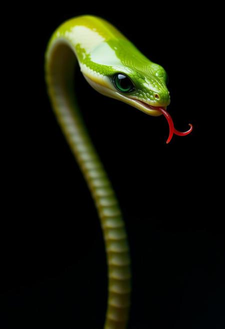 The image, which represents a snake-like one with a slender, elongated body, and a predominantly green glans-shaped head. The creature has a long, curved neck and head, with a small, rounded body and a single red, forked tongue extending from its mouth.