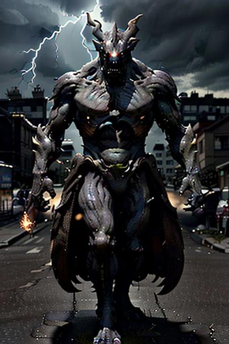 Giant Gengar (pokemon) <lora:nvjob-monster-art-lora:0.6> monster, unreal engine, high quality cinematic cgi,City, with a vast sky, evening light, cloudy sky, stormy atmosphere with lightning, depth of field, holding a beer <lora:monster:0.7>, masterpiece, extremely detailed, finely detailed, raw photo, best quality, realistic, photo-realistic, 8k, hdr