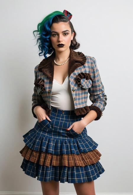 The image is a photograph of a young woman standing indoors, dressed in a vintage-inspired outfit. She has dark, curly hair styled in a classic 1940s wave, adorned with a decorative hair accessory on the left side. She wears a plaid jacket with a faux fur collar in shades of blue, brown, and white, over a white blouse. The jacket is buttoned up, and she has her hands in the pockets.
The image is a high-resolution photograph featuring a young woman with a striking appearance. She has a deep, rich brown skin tone and is adorned with vibrant, long, green and blue hair extensions styled in a wild, asymmetrical fashion. Her hair is adorned with small, colorful beads and accessories. She has a strong, confident demeanor, leaning on one elbow with her head resting on her hand, giving a contemplative expression.
She is dressed in a bold, gothic-inspired outfit.
The image is a photograph of a person standing in a minimalist, sparsely decorated room with white walls and a dark grey floor. The individual, a young woman with short, straight brown hair, is dressed in an elaborate, multi-layered, ruffled skirt made of various colored fabric strips. The skirt is constructed from multiple layers of fabric, each layer a different color and pattern, creating a tiered, ruffled effect.