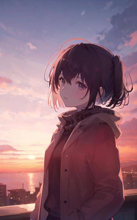 1girl, sunset,