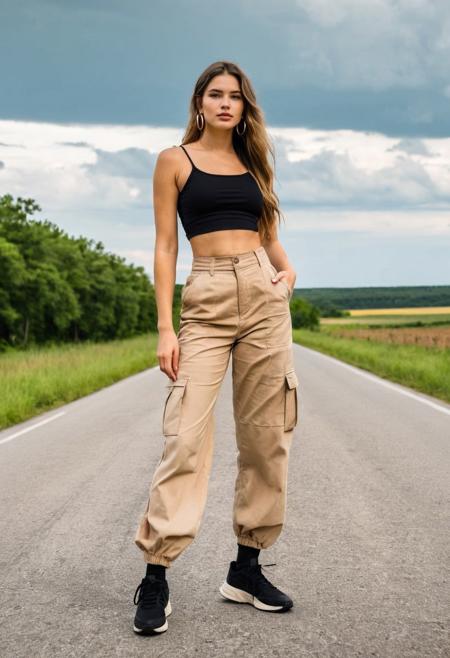 Full Body, woman, standing in road, long hair, hoop earrings, makeup, black crop top, high-waisted beige cargo pants, black sneakers, centerline, rural road, cloudy sky, daylight, confident pose, direct gaze, casual fashion, full length, outdoors, natural light, greenery, young adult, serene.