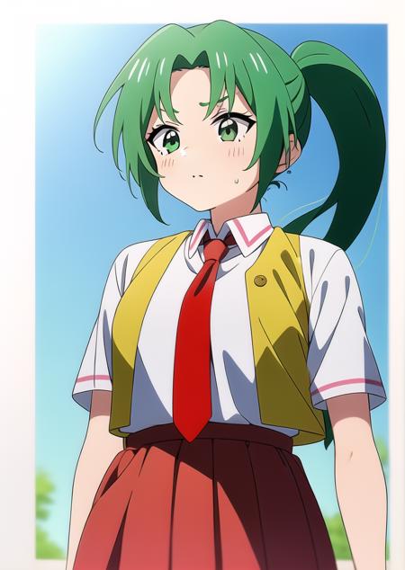 1girl, ponytail, green hair, long hair, green eyes, school uniform, collared shirt, red necktie, yellow vest, open vest, red skirt, calm,,
upperbody, standing,
<lora:SonozakiMion:0.8>, sonozaki mion,
(((00s))), retro,