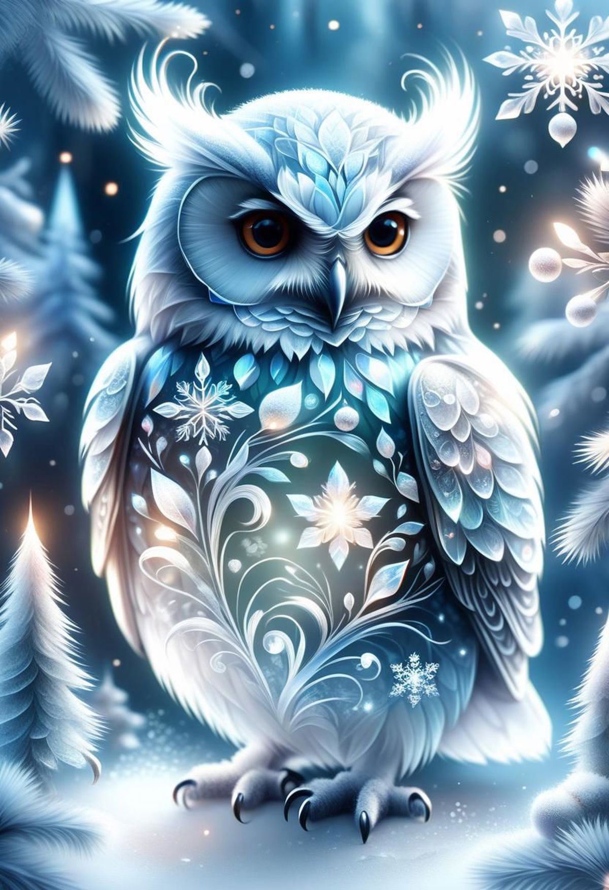 A snowy scene with a beautifully decorated owl.