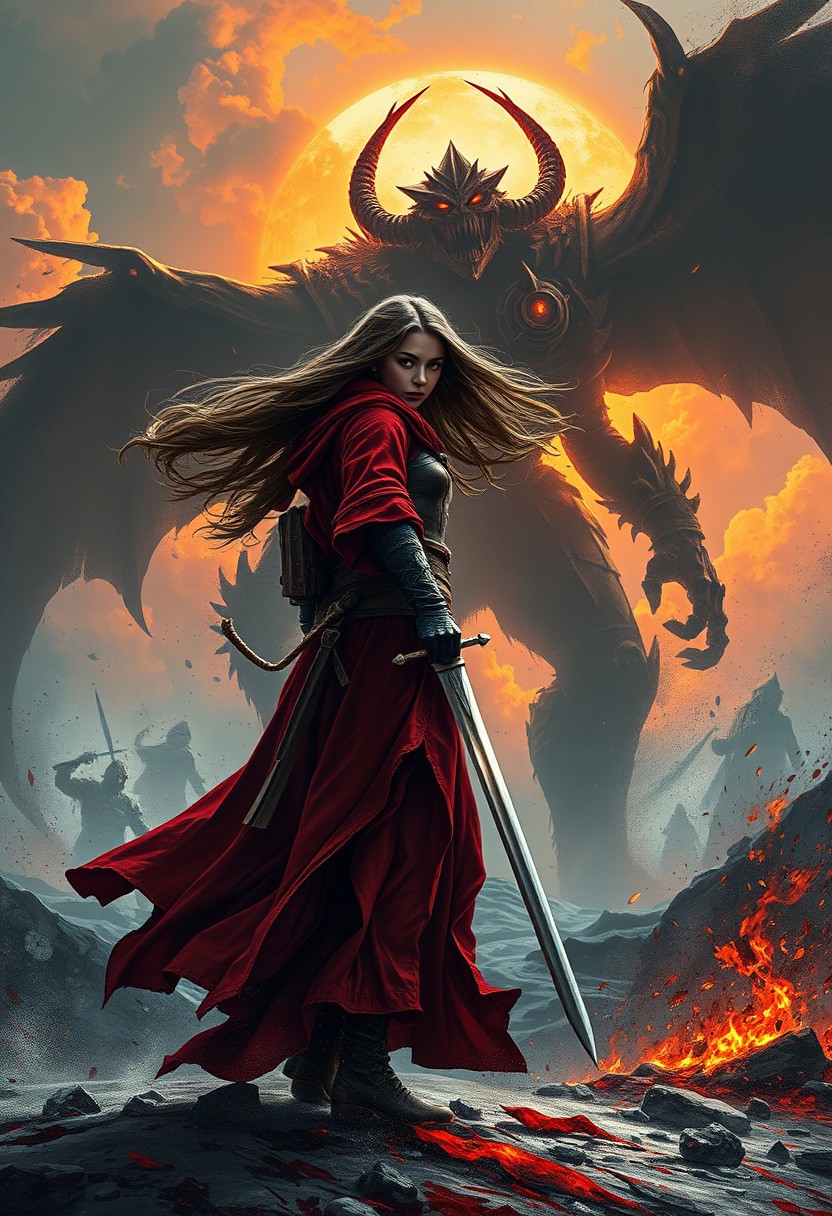 female warrior in red robes, long flowing hair, glowing sunset clouds, giant shadow demon, glowing red eyes, dramatic fantasy scene, sword in hand, windswept battlefield, embers and debris, heroic stance, epic confrontation, mystical atmosphere, cinematic lighting, dark fantasy realism with expressive abstract textures, high-contrast dramatic lighting, detailed medieval armor and mythical figures, painterly brushstrokes, rich layered surfaces, chaotic energy with cinematic composition, vibrant and moody color palette, surreal fantasy abstraction blending with structured realism