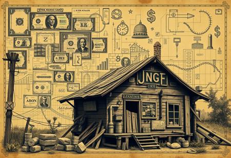 An artistic blend of a 1920s architectural blueprint with a chaotic twist, overlayed on a dilapidated shanty. The scene includes a complex design of junk bonds, stock certificates, and financial symbols intertwined with old-school blueprints, giving it a sense of disarray and desperation. Super Mario Bros elements subtly weave through the composition—iconic bricks, pipes, and retro game symbols emerge from the shanty structure. The overall style is vintage, with muted, sepia tones, reminiscent of the early 20th century, juxtaposed with the playful energy of 8-bit pixel art. The scene captures a collision of economic collapse and playful nostalgia