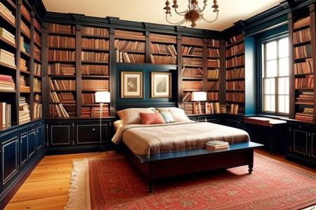 a fantasy bedroom that is also the owner's personal library with books everywhere
