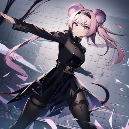 1girl, solo, mouse ears, animal ears, pink hair, long hair, hair between eyes, pink eyes, looking at viewer, black hairband, black dress, pantyhose, fighting stance