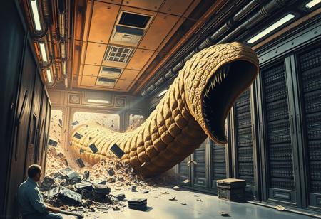 Highly detailed semi-realistic illustration of a giant sandworm from Dune, breaking into a futuristic server room, debris flying everywhere, intense lighting and shadows, by Frank Frazetta and H.R. Giger, (long shot), concept art for sci-fi movie or video game.