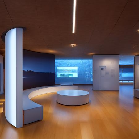 Museum, exhibition hall, one-point perspective space, huge space, dreamy, halo, technological space (mechanical ceiling: 1.4), pure space, minimalist design, pure ceiling, (clean ceiling:1.2), wooden floor, construction wall,  (many showcases on the ground), showcases In the glow, a lot of (screen displays:1.2) on the wall  illustrating engineering drawings, high quality, highest quality, 4k, 8k, professional lighting