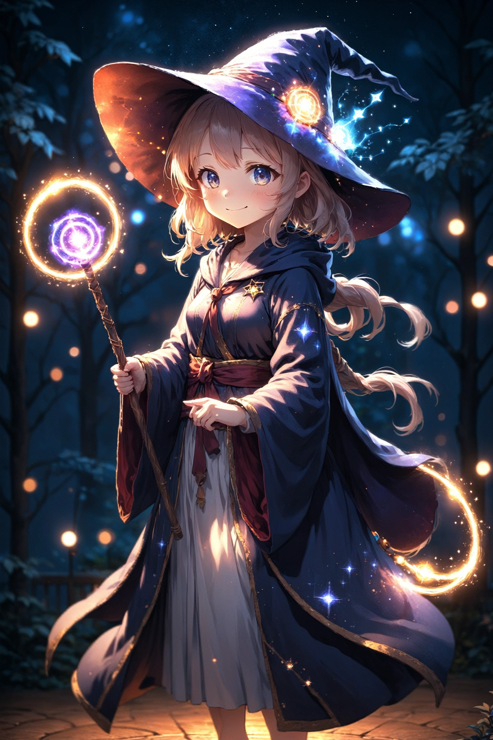 A girl in a witch's outfit with a wand and a broom.