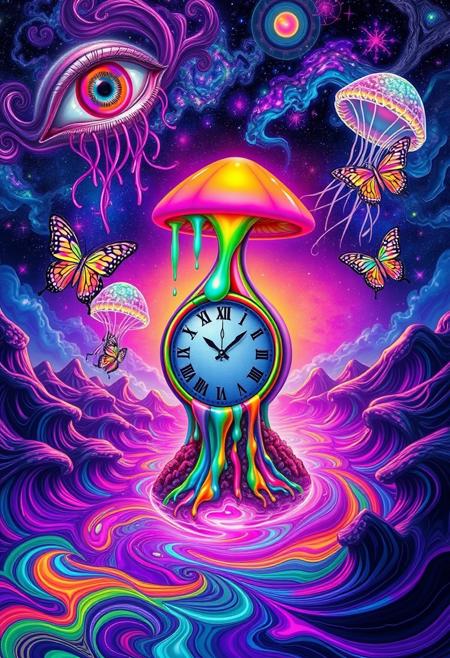 Surr3@l, A mind-bending psychedelic scene with a melting clock wrapped around a rainbow-colored mushroom sprouting from a neon-lit ocean. Giant, spiraling eyes float in the sky, dripping liquid dreams onto a landscape of swirling fractal patterns. A cosmic jellyfish with galaxies in its tentacles hovers above, while fluorescent butterflies with kaleidoscopic wings emerge from a vortex of swirling paint. The entire scene pulses with vivid, shifting colors, and the boundaries between land, sky, and sea blur into a trippy, fluid dance of surreal forms.