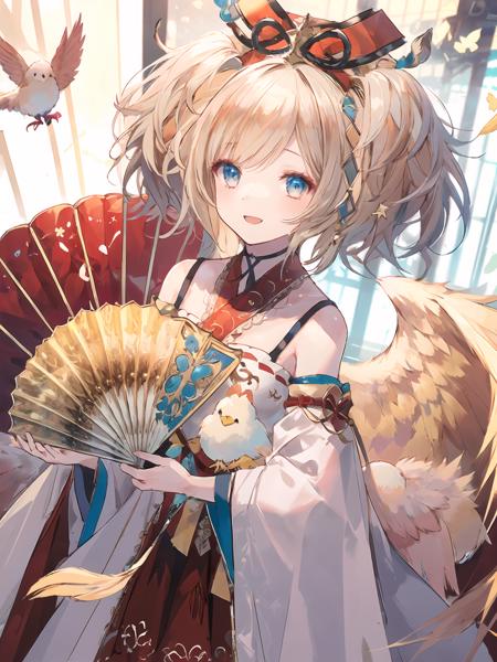 masterpiece,best quality,highres,cinematic lighting,dramatic angle,<lora:ResplendentPhoenixV1:0.8>,1girl,light blonde hair,twintails,hair ornament,ribbon,bowit,eblue eyes,looking at viewer,white dress,detached sleeves,red skirt,folding fan,hand fan,wide sleeves,wings,happy,birds around,shy,smile,fat chicken,chickenform,birdform