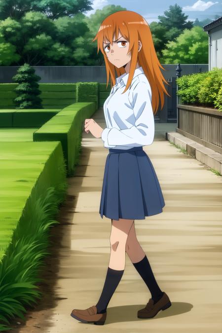 <lora:Gamo:1>
<lora:animemix_v3_offset:0.6>,
1girl, solo, skirt, long hair, school uniform, orange hair, orange eyes, white shirt, pleated skirt, blue skirt, black socks, looking at viewer, kneehighs, long sleeves, collared shirt, breasts, , sanpaku, bangs,bored,annoyed,, outdoors,garden,dirt path, from side, outdoors,walking,