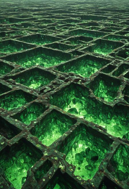 A vast, unsettling industrial landscape photographed in Gursky's signature ultra-high-resolution, large-format style, showing an endless expanse of toxic crystalline formations. The scene captures hundreds of jade-like toxic crystal structures emerging from contaminated soil, their translucent green surfaces catching and refracting light in an eerily beautiful way. The composition employs Gursky's characteristic elevated perspective and flattened depth of field, creating a pattern-like repetition that stretches to the horizon. Toxic pools of luminescent green liquid separate the crystal formations, their surfaces reflecting a sickly glow into the hazy atmosphere. Industrial structures and abandoned chemical tanks dot the background, their rusty surfaces contrasting with the pristine, geometric forms of the waste crystals. The photograph maintains hyper-realistic detail throughout, with every crystal facet and toxic droplet rendered in sharp focus. The color palette centers on various shades of toxic green, from deep emerald to sickly chartreuse, with undertones of industrial grays and browns. Natural light filters through a chemical haze, creating an otherworldly atmosphere.