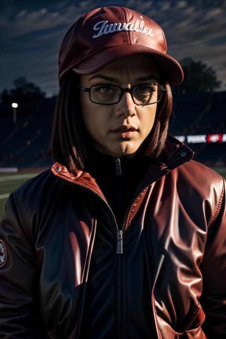 <lora:add_detail:0.2>,  <lora:GoodHands-vanilla:1>,pr33t1, portrait, glasses, wearing a red jacket with a cap and jersey and pants, <lora:preeti-05:1>,torso,  <lora:LowRA:0.6>,stadium bg, grass field,  sharp focus, 35mm, epic character composition, studio lighting , dark theme, subsurface scattering, bokeh, f2, film grain,