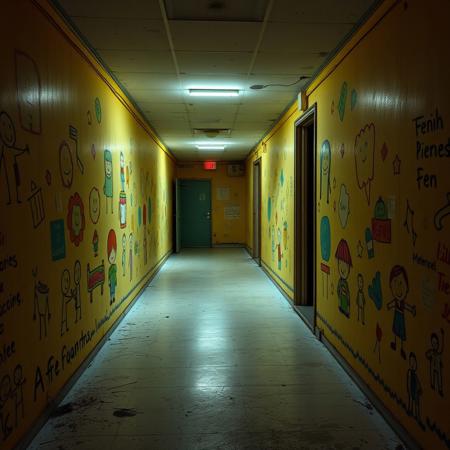Le couloir s’étire à l’infini sous la lueur tremblotante des néons qui grésillent par intermittence. Les murs, autrefois recouverts de dessins d’enfants, ne sont plus que des vestiges décolorés, rongés par le temps et l’humidité. Le sol en linoléum est fissuré, par endroits arraché, laissant apparaître un béton froid et poussiéreux.
Des casiers entrouverts laissent échapper des papiers froissés, griffonnés de mots illisibles. L’odeur âcre de moisi et de vieille craie flotte dans l’air stagnant. À chaque pas, le silence s’épaissit, pesant, oppressant... Jusqu’à ce qu’un léger grincement brise l’immobilité. Une porte entrouverte oscille lentement, sans raison apparente.
Au fond du couloir, une salle de classe plongée dans la pénombre. Des chaises renversées, un tableau couvert de griffures, des ombres qui semblent s’étirer anormalement sur les murs. Et puis, ce murmure... Une voix d’enfant étouffée, impossible à localiser, qui récite une comptine oubliée.
Ici, personne n’a mis les pieds depuis des années. Pourtant, quelque chose n’a jamais cessé d’attendre.
