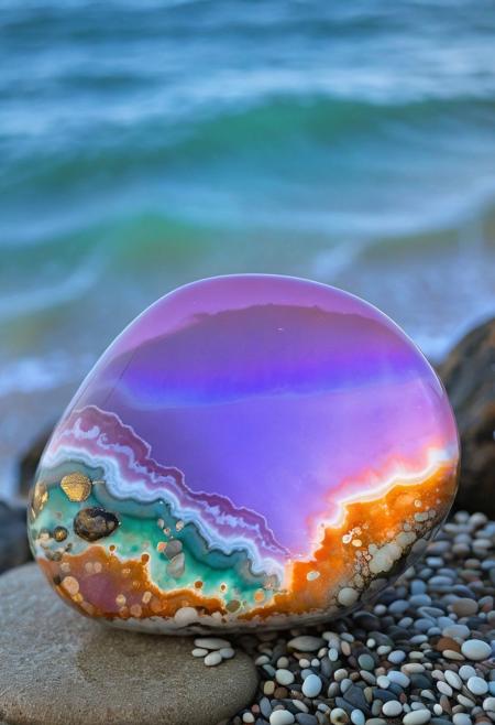 soaked_tea_brand, macro photo of an ocean jasper polished large stone, light pink, deep sea-green,  lilac, and light-blue heavenly pattern that resembles sunset clouds over ocean, surrounded by tidepools on a rocky tropical beach shoreline at sunset, perfect composition, backlighting, ethereal, golden hour, vibrant colors, sparkling stone, professional lighting, glowing from within <lora:MJ52:.6>