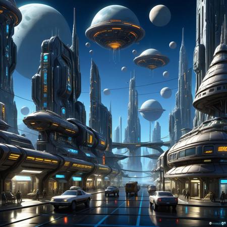 score_9, score_8_up, score_7_up, Sci-fi metropolis, busy streets, alien world, multiple moons, concept art, detailed, masterpiece