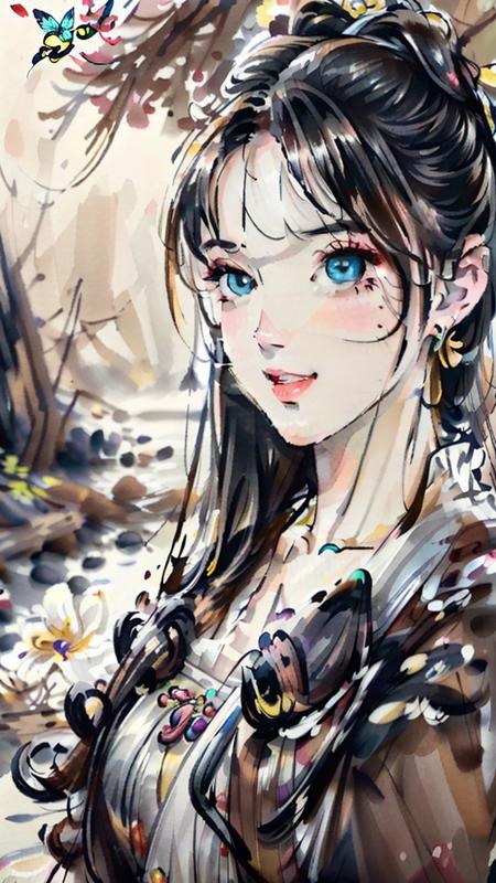 traditional chinese ink painting<lora:Moxin_10:0.7>,flower,butterfly, grass,dawn,near the lake,waterfall, trees,
shukezouma<lora:Shukezouma-1.1:0.3>,Nova,1girl.solo,wearing hanfu, more cloth,breasts,sexy attire, perfect body, jewelry and necklace,[((correct fingers,beautiful hands))], earrings,happy, grin, (blush|cute and playful|adorable|skinny|thick bangs|beauty|twintail|short hair|hair bun,),
[(full body,from everywhere,from below)],
(ultra high res,photorealistic,realistic,best quality,photo-realistic), (high detailed skin,visible pores),(real person,photograph),realistic,, (8k, raw photo, best quality, masterpiece),photon mapping, radiosity, physically-based rendering,automatic white balance,watery eyes, (looking at viewer),(irises and pupils are rounded,the pupil reflects the surroundings,eyes are not the same size),