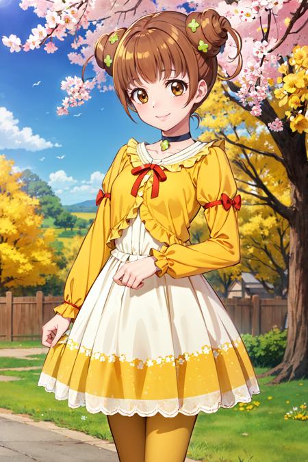 masterpiece,best quality,highres,ultra-detailed,bbalice,brown eyes,brown hair,short hair,double bun,bangs,clover hair ornament,choker,clover,ribbon,dress,yellow shirt,long sleeves,white skirt,frills,yellow pantyhose,shoes,<lora:yotsuba_alice:0.9>,outdoors,cherry blossoms,standing,cowboy shot,smile,