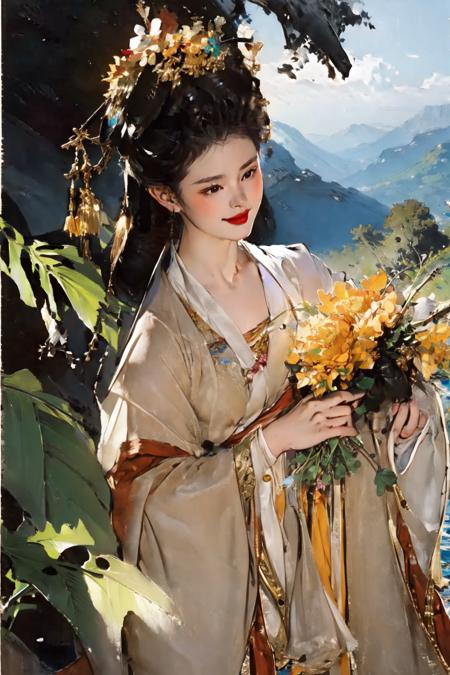 (zanhua), 1 girl, smile, upper body,  black eyes, flower on head, hanfu, ruqun , holding flowers,  tang dynasty, bamboo forest,Stone bench,Stone table,musical instrument,grassland,earth,rivers,Far Mountains,Birds and beasts,happy <lora:zanhua_v1:0.8>