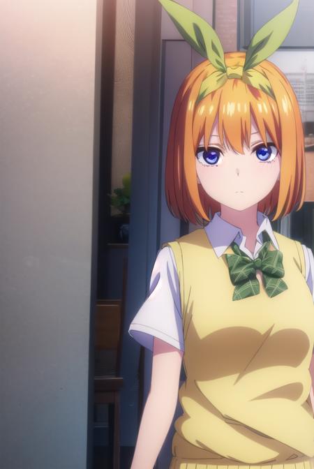 yotsubanakano, <lora:yotsubanakanospecial-lora-nochekaiser:1>, 
yotsuba nakano, bangs, short hair, blue eyes, hair between eyes, hair ribbon, hairband, orange hair, (green ribbon:1.5),
BREAK skirt, shirt, bow, ribbon, school uniform, white shirt, short sleeves, pleated skirt, shoes, socks, collared shirt, miniskirt, bowtie, black footwear, kneehighs, green skirt, black socks, loafers, green bow, sweater vest, green ribbon, (yellow sweater vest:1.5),
BREAK indoors, classroom,
BREAK looking at viewer, (cowboy shot:1.5),
BREAK <lyco:GoodHands-beta2:1>, (masterpiece:1.2), best quality, high resolution, unity 8k wallpaper, (illustration:0.8), (beautiful detailed eyes:1.6), extremely detailed face, perfect lighting, extremely detailed CG, (perfect hands, perfect anatomy),