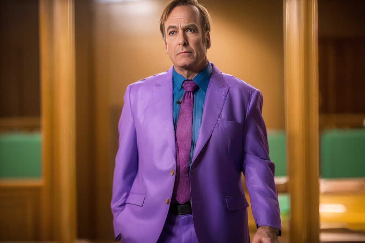 (8k, RAW photo, best quality, masterpiece:1.2), (realistic, photo-realistic:1.37),  man,  Saul, purple suit , ( pointing f...