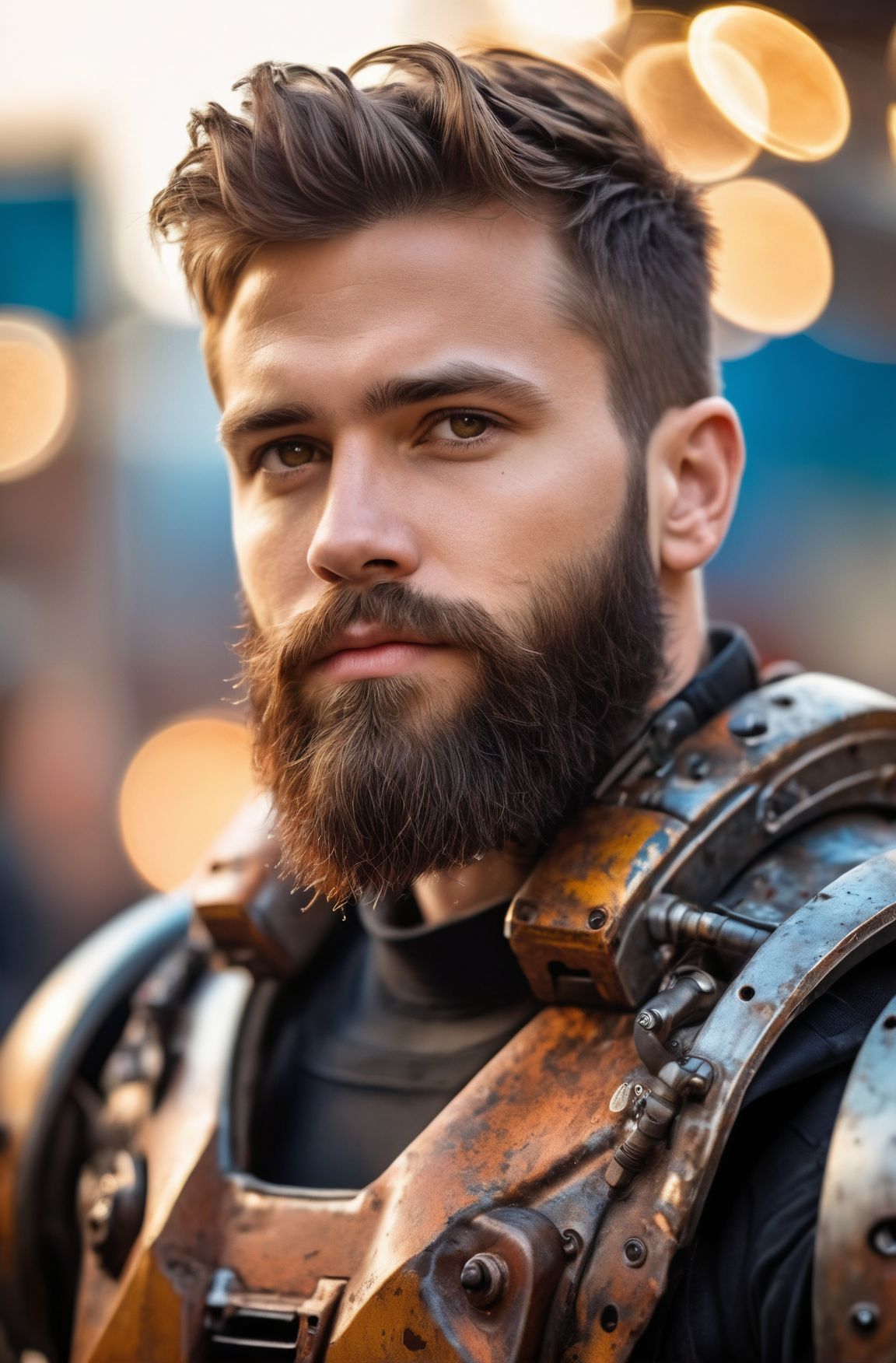 Portrait photo of muscular bearded guy in a worn mech suit, ((light bokeh)), intricate, (steel metal [rust]), elegant, sha...