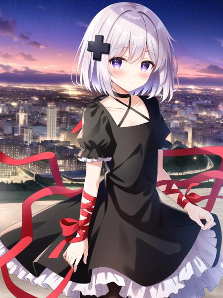 ((masterpiece)),(((best quality))), ((ultra-detailed)), ((illustration)), masterpiece, best quality, highres, {beautiful detailed eyes}, finely detail, 4k wallpaper, beautiful detailed eyes, perfect lighting
(kagari_chan:1.1), (white hair, short hair:1.0), (ribbon, black dress, hair ornament:1.2), (very long red ribbon floating in the air:1.1), flat chest, purple eyes, looking at viewer, black pantyhose, (standing in a city, cityscape:1.1),(shy, blush:1.1), (ribbon, wrist ribbon:1.0), (night, starry sky:1)
<lora:kagari_chan-16:0.6>