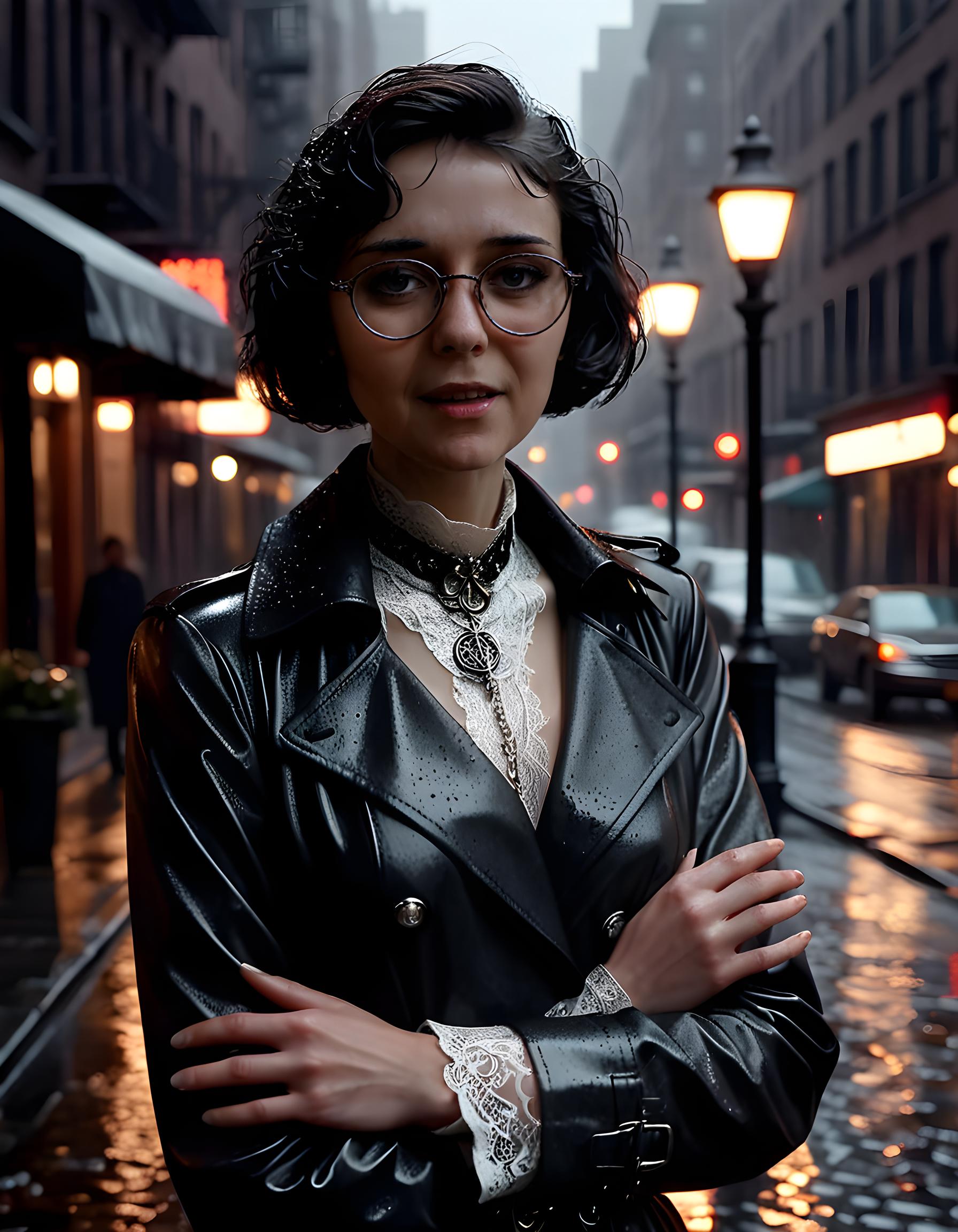 In a gritty, noir-inspired setting reminiscent of 1940s New York City, a solitary woman named Jul14n4c stands center frame against the dimly lit, rain-soaked streets, her short, jet-black hair slicked back due to the drizzle. She wears an eclectic outfit that blends Victorian elegance with modern edginess: a long, leather trench coat adorned with intricate silver filigree over a lace-trimmed, high-necked blouse, her hands folded in front of her, fingers adorned with elaborate rings. The soft glow of a streetlamp illuminates her face from the side, casting an ominous shadow across it, highlighting the intensity in her brown eyes as they lock onto the viewer, her blurry glasses framing them like a mysterious mask. A single red rose clutched in one hand adds a stark contrast to the otherwise monochromatic scene, while the distant sound of jazz music and raindrops on cobblestones sets a melancholic yet defiant tone.