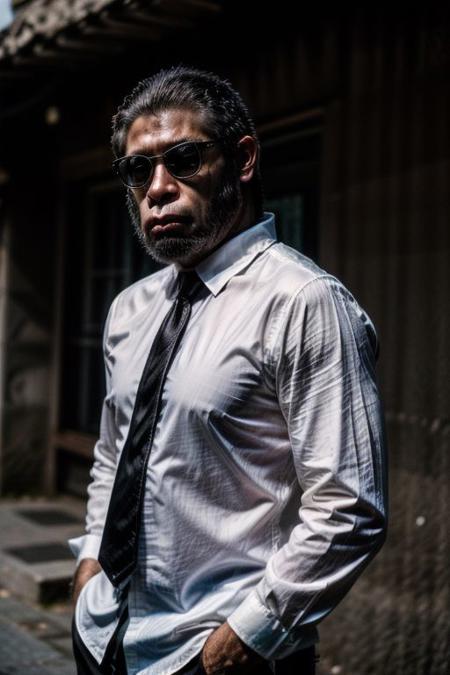 (analog photo) of a (fit male gangster gorilla) wearing a (italian black buisness suit with a white shirt and black tie) and wearing black Rayban style sunglasses, serious face,  (hands in pockets, confident posture,) masterpiece, Fine art photography, award winning photography