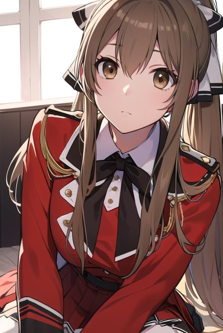 isuzusento, <lora:isuzusentotest:1>, 
isuzu sento, ahoge, (brown eyes:1.7), light brown hair, long hair, ponytail, hair ribbon, ribbon, (medium breast:1.2),
BREAK aiguillette, ankle boots, black ribbon, black skirt, boots, brown footwear, cross-laced footwear, frilled skirt, frills, jacket, lace-up boots, military, military uniform, pleated skirt, (red jacket:1.5), skirt, thighhighs, uniform, white thighhighs, white ribbon, buttons, sleeveless,
BREAK looking at viewer,
BREAK indoors, classroom,
BREAK <lora:GoodHands-vanilla:1>, (masterpiece:1.2), best quality, high resolution, unity 8k wallpaper, (illustration:0.8), (beautiful detailed eyes:1.6), extremely detailed face, perfect lighting, extremely detailed CG, (perfect hands, perfect anatomy),