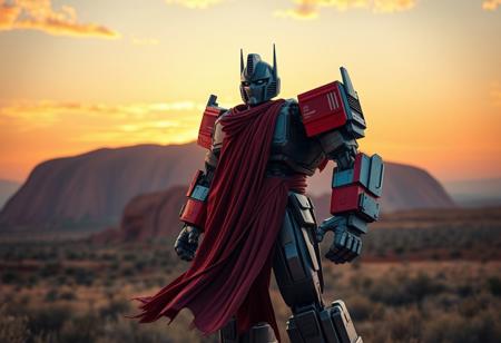 Create a highly detailed, 8K resolution image of Optimus Prime as an old man, specifically a robot Battle Footballer, with a robust, stocky body, wearing a long, tattered dress in red or blue hues, set against the breathtaking backdrop of an Ayers Rock sunrise. Implement a toon rendering style with tone mapping, subsurface scattering, and atmospheric effects. The image should exhibit lifelike details and follow the golden ratio. Use an Octane render with post-processing to achieve a hyper-detailed, HD photo quality finish.