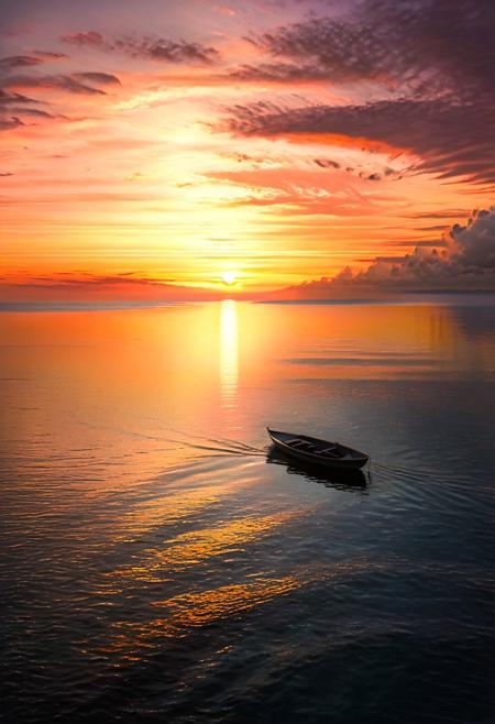 serene seascape during sunset, soft golden light reflecting on gentle waves, vibrant orange to pastel pink sky, delicate clouds, faint silhouettes of island or small boat, peaceful atmosphere, heavenly glow illuminating the horizon, hyperrealistic, cinematic lighting, masterpiece digital painting by Claude Monet and Thomas Kinkade, 8k resolution