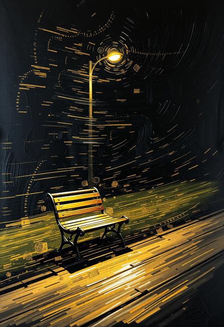 A hyper-stylistic, extremely detailed image depicts a breathtaking painting, crafted from a combination of smeared black and gold metallic paint. An Park bench and a lone street light at night is captured in a streaked motion, as if it is moving rapidly in one direction. The black paint is applied in bold, dynamic strokes, creating a sense of energy and movement that is contrasted beautifully by the golden accents. The gold paint is used to highlight the bench and street lights features, adding a sense of depth and dimensionality to the image. The overall effect is one of breathtaking, surreal dynamism, as if the viewer has captured a fleeting moment in time. Every detail of the image is meticulously crafted, from the delicate, swirling patterns of the gold paint to the intricate, textured patterns of the black paint. The contrasts between light and dark, color and texture, create a sense of tension and energy that draws the viewer in, inviting them to explore the kinetic world of the painting. highest-Quality, intricate details, visually stunning, Masterpiece