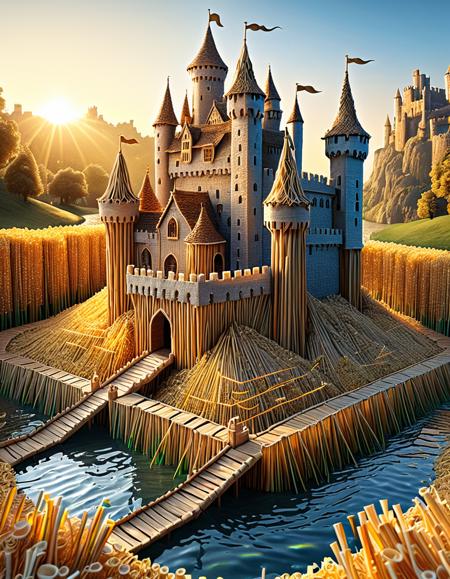a medieval castle made of straws, surrounded by a moat of tea, fantasy lighting, medieval architecture, (highly detailed:1.3), (epic fantasy:1.2), (golden hour:1.1), (storybook illustration:1.2)
<lora:SDXL\made_of_straws.safetensors:1.0>