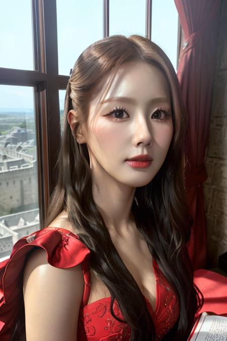 a gidlemiyeon, perfect eyes, red dress, window, book, table, (ultra realistic:1.2), (standing in castle room:1.1), (close-up photo:1.4), (masterpiece:1.1), (intricate:1.2), (looking at camera:1.2), (dramatic:1.1), (best quality:1.2), <lora:gidlemiyeon23-v1-128-db-dadapt-capwaf015-bs10-te05-66r:1>