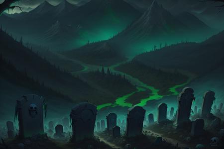 <lora:WorldofSigmarnighthaunts:1>, worldofsignighthaunts, skeletal, tattered rags, green glowing aura, forest with mountains and rivers with tombstones, volumetric lighting,