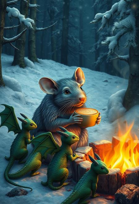 A surrealistic big rat sitting nearby  a  big campfire and  eating a sandwich with cheese  and holding a cup of tea, sitting with a group of little green dragons with dark green wings , with details, snow, snowy night, winter forest, vivid colors, details seen under an electron scanning microscope
