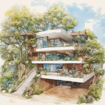 1 modern house, architect sketch, balcony, glasses, trees, flowers <lora:architect_XL:1>, (masterpiece, best quality, beautiful and aesthetic:1.2), (ultra detailed, extremely delicate:1.3)