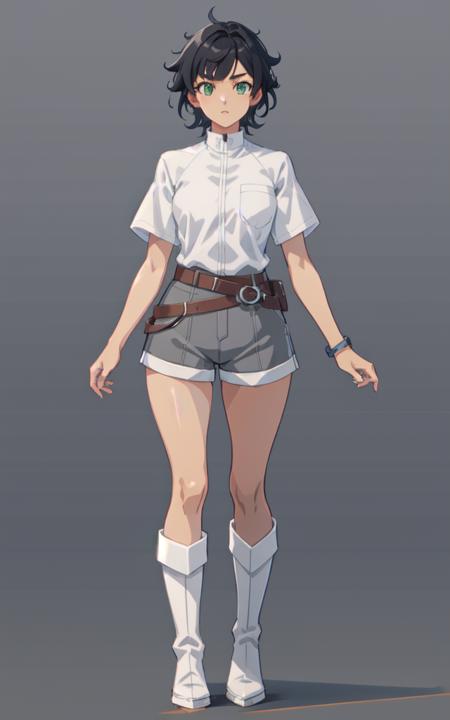 anime, tanned skin, medium of sakslh, a woman with short black hair and green eyes in a white shirt, (((gray shorts))), (((white boots))), (((cheerful))), tomboy, sporty, 8k, Unreal Engine 5, octane render, by kyun, gamang, Yoon Gon-Ji, g.ho, gosonjak, shuroop, serious, domi, noah, trending on pixiv, fanbox, skeb, masterpiece, detailed face, smooth soft skin, big dreamy eyes, beautiful intricate colored hair, symmetrical, anime wide eyes, soft lighting, concept art, digital painting, <lora:skslsh:0.4>