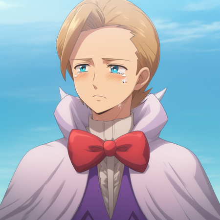 1boy, blonde hair, blue eyes, white cape, red bowtie, center frills, white gloves, purple shirt, long sleeves, 