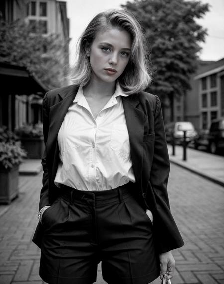analog film photo realistic,  Dutch angle, intricate details, a woman wearing Blazer, workwear and Straight-leg pants: Pants with a straight, uniform width from hips to hem. <lora:quiron_SaraStJames_v1_lora:0.57> SaraStJamesQuiron woman, . faded film, desaturated, 35mm photo, grainy, vignette, vintage, Kodachrome, Lomography, stained, highly detailed, found footage