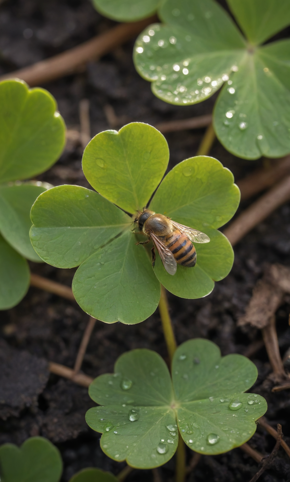 (macro photography), bee, (shamrock), (four leaf clover), morning dew, water drip, soil, golden hour, light rays